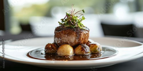 Gourmet dinner entree featuring sprouts and rich brown sauce, beautifully presented in an upscale dining setting. This horizontal shot captures the essence of a fine dining experience with exquisite