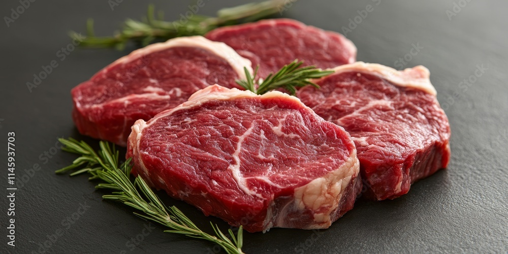 Raw lamb tenderloin fillet and mutton sirloin meat are showcased along with a piece of cow, highlighting the selection of raw beef meat. These raw meats are perfect for cooking delicious steaks. Raw lamb tenderloin fillet and mutton sirloin meat are showcased along with a piece of cow, highlighting the selection of raw beef meat. These raw meats are perfect for cooking delicious steaks.