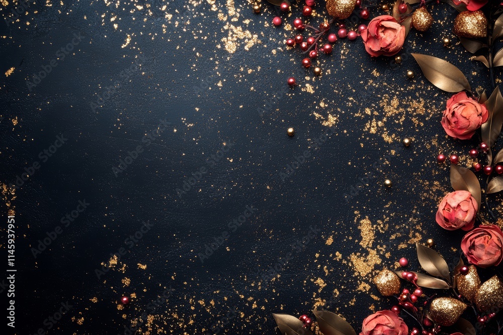 A romantic scene unfolds with shimmering gold and rich red decorations against a sleek black background, perfect for celebrating love on Valentine's Day. A romantic scene unfolds with shimmering gold and rich red decorations against a sleek black background, perfect for celebrating love on Valentine's Day.