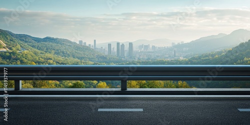 Highway guardrail barrier along a scenic road with views of blurred city skyscrapers on the horizon. The highway guardrail provides safety on the journey through the mountains. photo