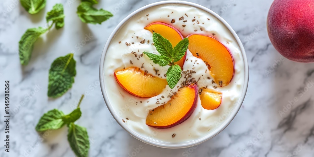 Delicious yogurt topped with fresh peach slices and a hint of mint creates a delightful combination of flavors. Enjoy this tasty yogurt with peaches and mint! Delicious yogurt topped with fresh peach slices and a hint of mint creates a delightful combination of flavors. Enjoy this tasty yogurt with peaches and mint!