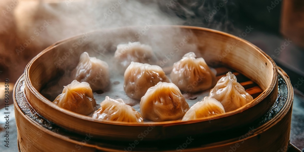 Chinese dim sum dumplings are arranged in a bamboo basket, preparing to steam as hot steam rises, creating an enticing scene that captures the essence of Chinese dim sum preparation. Chinese dim sum dumplings are arranged in a bamboo basket, preparing to steam as hot steam rises, creating an enticing scene that captures the essence of Chinese dim sum preparation.