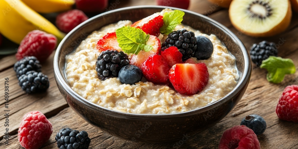 Nourishing oatmeal served in a bowl alongside fresh fruit on a rustic wooden table, showcasing the delightful pairing of oatmeal and fruit for a wholesome meal. Nourishing oatmeal served in a bowl alongside fresh fruit on a rustic wooden table, showcasing the delightful pairing of oatmeal and fruit for a wholesome meal.