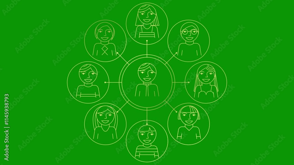 Animated golden line symbol of management. Concept of teamwork, leader, workflow. Linear info-graphics of boss and employees. Symbol of team is drawn. Vector illustration isolated on green background. Animated golden line symbol of management. Concept of teamwork, leader, workflow. Linear info-graphics of boss and employees. Symbol of team is drawn. Vector illustration isolated on green background.