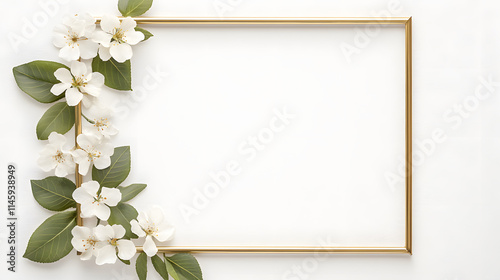 A white background with a gold square frame featuring floral elements, combining elegance and sophistication, ideal for luxury design projects, high-end decor, and artistic framing for presentations o