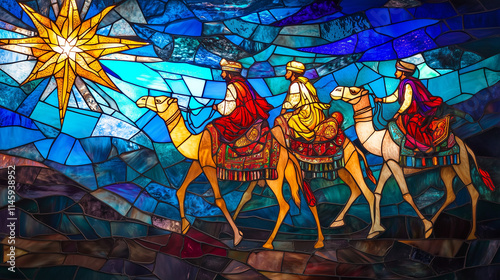 Beautiful stained glass artwork depicting the Three Wise Men riding camels under a bright star, surrounded by vibrant colors. Ideal for Christmas or religious themes.