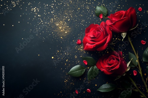 Three exquisite roses rest on a sleek black surface, their vibrant petals shimmering against a backdrop of glimmering gold glitter, perfect for romance.