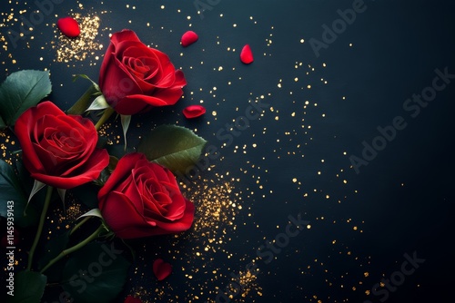 Elegant roses and delicate petals rest on a dark surface, shimmering with golden glitter, creating a romantic ambiance perfect for Valentine's Day.