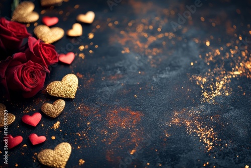 A romantic display of red roses and sparkling hearts on a sleek black surface, adorned with shimmering gold glitter, perfect for Valentine's Day.