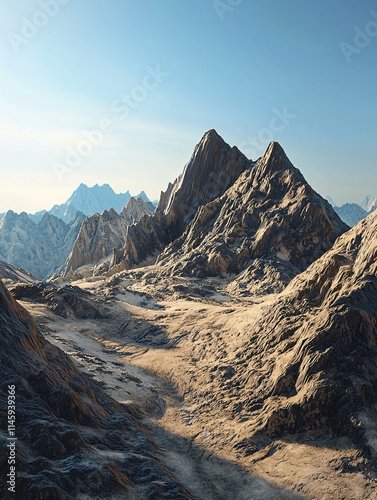 High-resolution landscape image featuring a stunning mountain range under a clear blue sky, emphasizing jagged peaks and rocky terrain with striking shadows and sunlit areas.