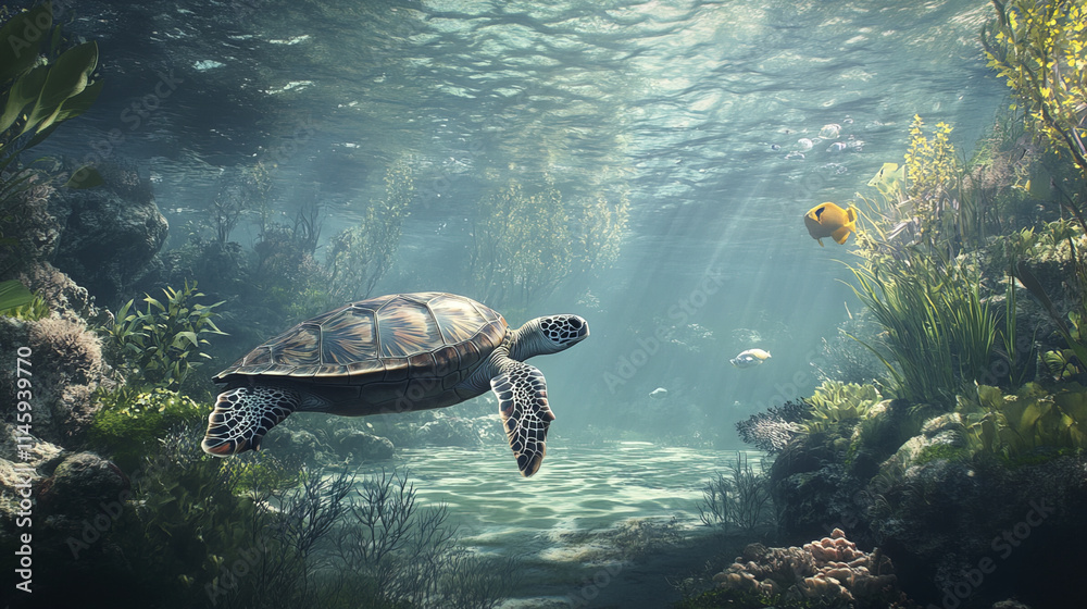 Obraz premium sea turtle gliding through serene underwater environment, surrounded by vibrant marine life
