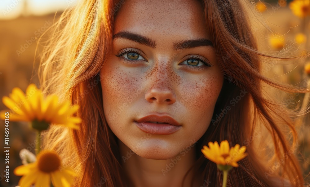 Young woman with freckles and flowers Young woman with freckles and flowers