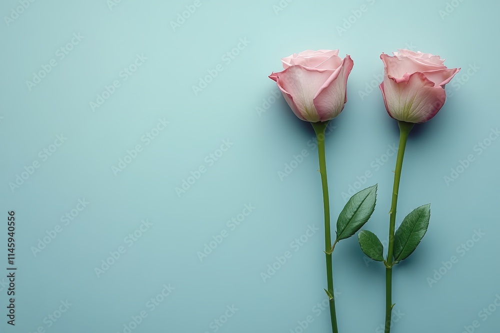 Two delicate pink roses rest gracefully on a serene blue surface, surrounded by vibrant green leaves, capturing the essence of love and beauty. Two delicate pink roses rest gracefully on a serene blue surface, surrounded by vibrant green leaves, capturing the essence of love and beauty.