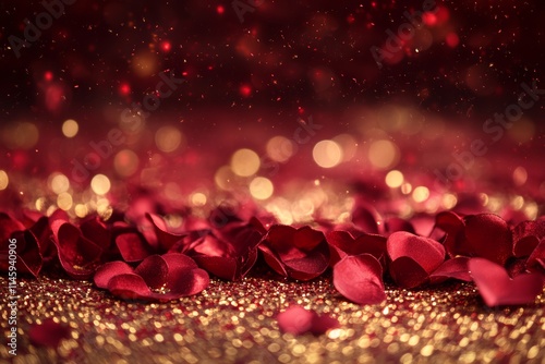 A luxurious spread of vibrant red rose petals rests elegantly on a shimmering gold background, evoking romance and passion for Valentine's Day.