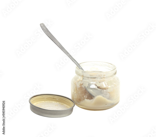 Empty baby food jar with spoon on transparent background