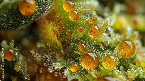 Close-up view of dew droplets on green leaves, emphasizing nature's intricate textures and freshness. photo