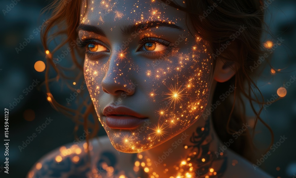 Enchanting woman with glowing starry face Enchanting woman with glowing starry face