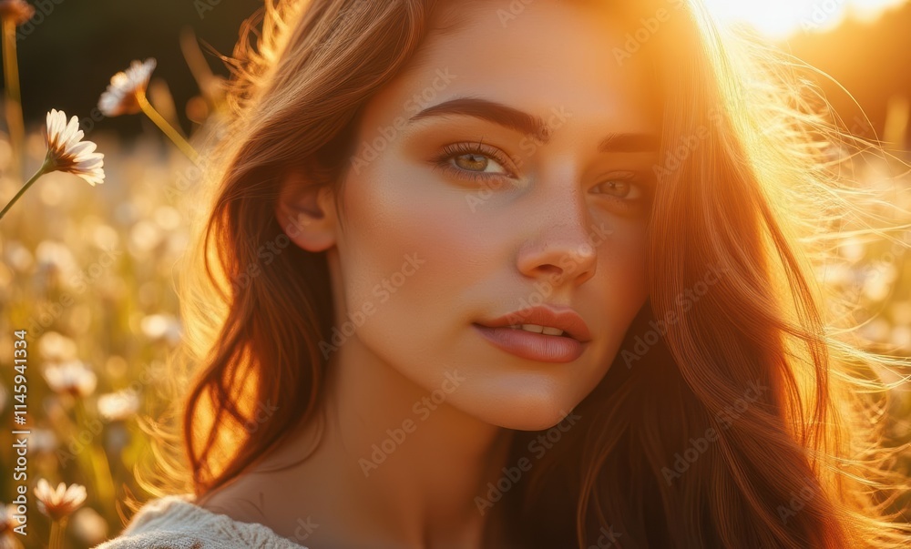 Young woman with long hair in sunset glow Young woman with long hair in sunset glow