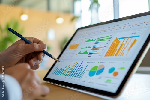 A healthcare professional examines data on a tablet, highlighting technology's impact on enhancing patient care and outcomes amid charts and graphs. photo