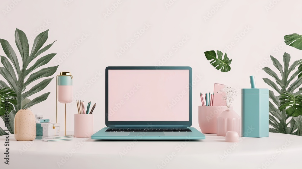 A laptop is on a table with a pink background A laptop is on a table with a pink background