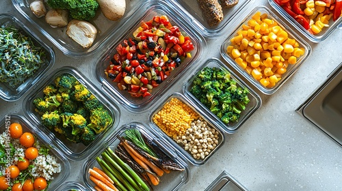 This image features a neatly arranged kitchen with fresh meal prep ingredients, highlighting the importance of nutrition in fostering health and wellness. photo