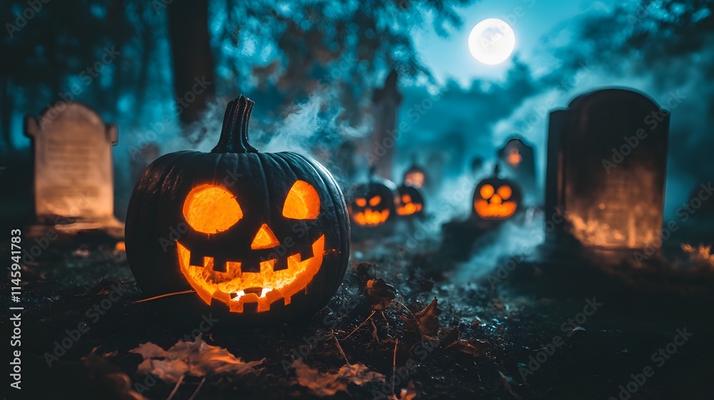 Fototapeta premium Illuminated JackOLantern In Spooky Graveyard Setting