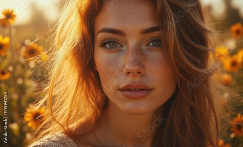 Young woman with freckles in sunflower field