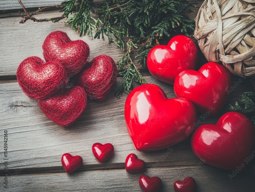 Fototapeta premium A charming display of vibrant red hearts scattered on a rustic wooden table, accompanied by a quaint basket filled with fragrant pine needles.