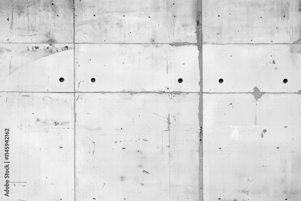 Seamless textured concrete wall featuring a series of panels with visible seams and circular holes. The surface shows signs of wear and weathering, creating a raw industrial aesthetic. Seamless textured concrete wall featuring a series of panels with visible seams and circular holes. The surface shows signs of wear and weathering, creating a raw industrial aesthetic.