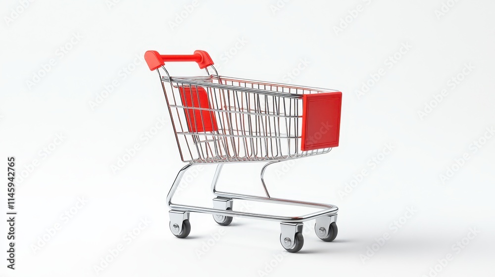 A shopping cart with a red handle and a red carton A shopping cart with a red handle and a red carton