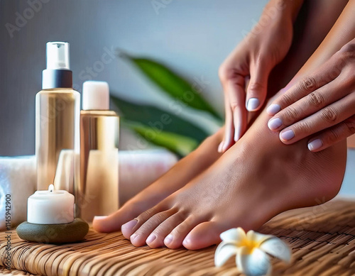 Unos pies de mujer dandose crema hidratante en un salon de spa