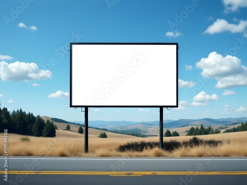 Blank Billboard in Serene Rural Landscape: A Sunny Day's Advertisement photo