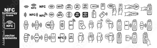 NFC technology. Contactless wireless payment by phone, watch or card icons set isolated on transparent background