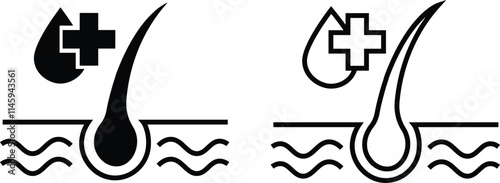 Hair follicle cosmetic line and flat icon set. Vector include skincare frizzy repair revitalizing scalp dandruff follicle outline pictogram for trichology collection isolated on transparent background