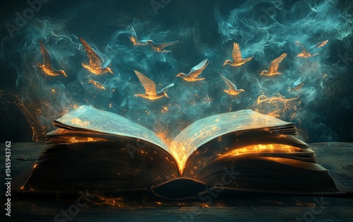 An open book releasing ethereal smoke that transforms into glowing birds, flying freely as a symbol of creativity, knowledge, and imaginative transformation, fantasy style