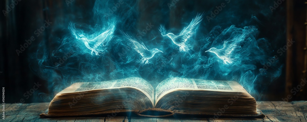 Obraz premium Ethereal smoke rises from an open book, shaping into three glowing birds in flight, representing the liberation of ideas and knowledge, enchanting and imaginative art