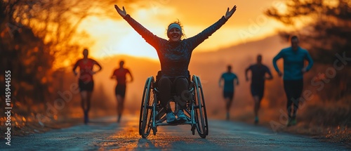 Female athlete in a wheelchair triumphantly crossing the finish line at sunset, arms raised in victory, alongside runners, embodying resilience and inclusion