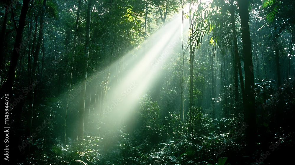 Obraz premium Sunlight Streaming Through Rainforest Canopy: A breathtaking view of sunlight piercing through a dense rainforest canopy. The ethereal light casts beams of radiance onto the lush foliage.