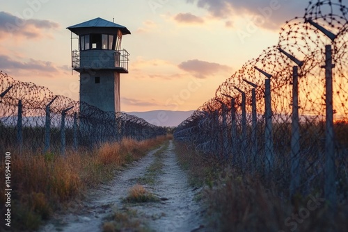 Barbed wire fence surrounding restricted area with watchtower in background at sunset photo