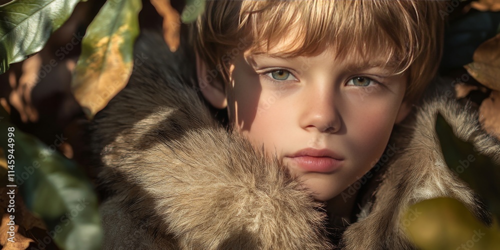Mysterious boy portrait featuring a boy in a fur coat, gazing directly at you while surrounded by lush leaves and their intriguing shadows, enhancing the boy s mysterious presence. Mysterious boy portrait featuring a boy in a fur coat, gazing directly at you while surrounded by lush leaves and their intriguing shadows, enhancing the boy s mysterious presence.