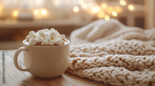 Cozy cup of hot chocolate topped with marshmallows on a warm knitted blanket with bokeh lights