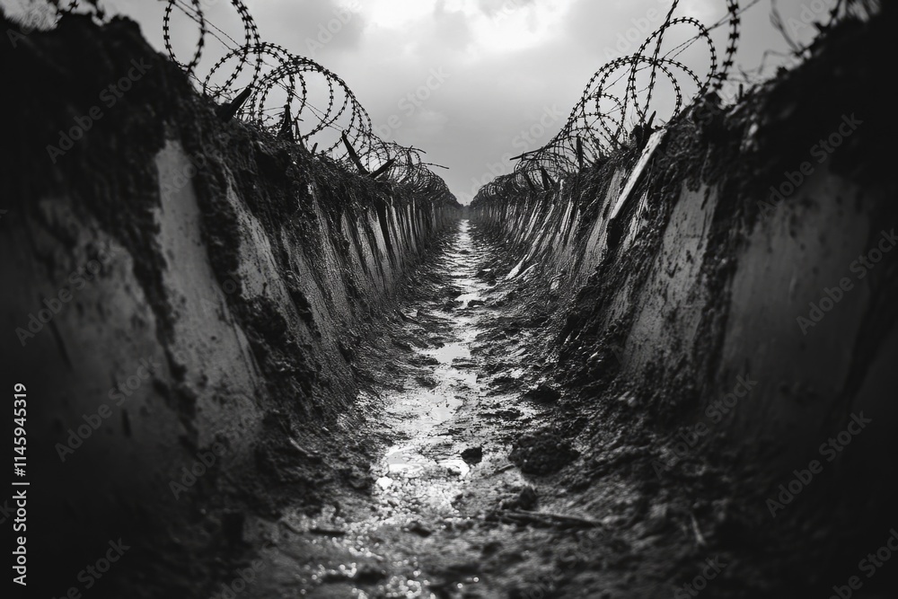 Fototapeta premium Black and white image of a muddy trench with barbed wire, evoking a dramatic war scene