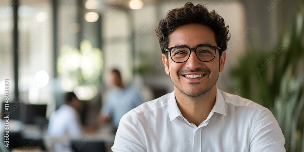 A cheerful mixed race male entrepreneur wearing glasses is positioned in a contemporary office, gazing at the camera. He is a successful manager in a trading environment. A cheerful mixed race male entrepreneur wearing glasses is positioned in a contemporary office, gazing at the camera. He is a successful manager in a trading environment.