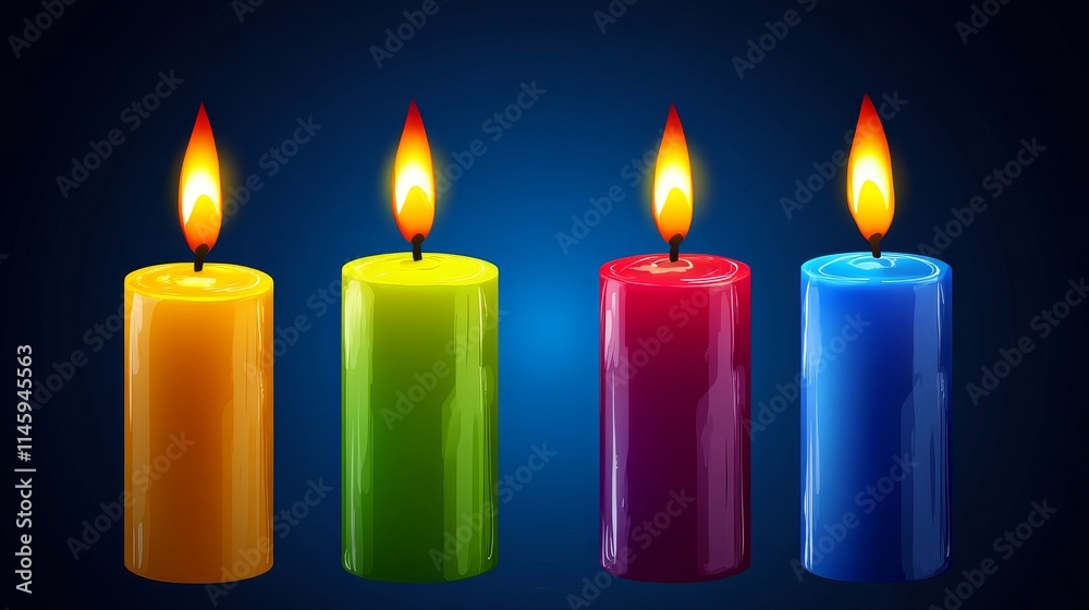 Four colorful candle, background, banner with flames against a dark background, banner. Four colorful candle, background, banner with flames against a dark background, banner.
