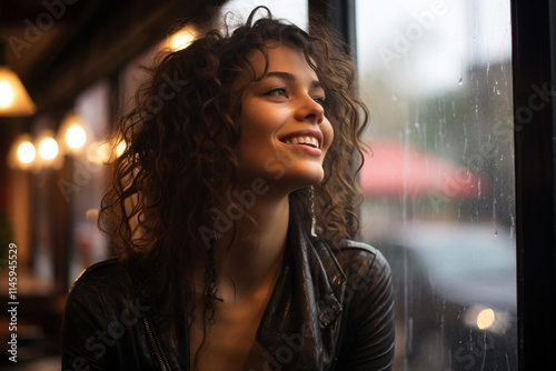 girl look outside window rain photo