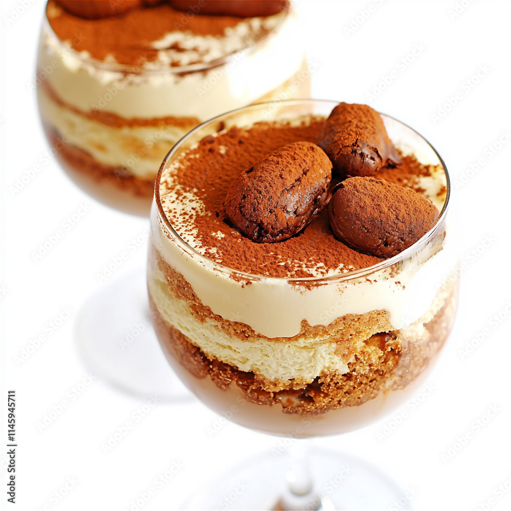 Tiramisu in vine glass isolated on a white background. Generative AI.. Tiramisu in vine glass isolated on a white background. Generative AI..