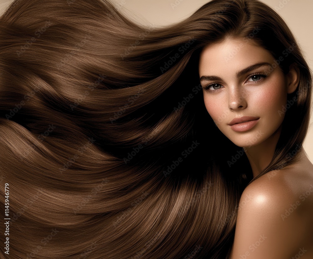A beautiful woman with long, shiny hair poses for a beauty magazine. A beautiful woman with long, shiny hair poses for a beauty magazine.