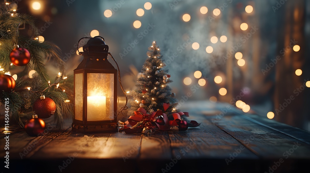 Festive Christmas scene with lantern and miniature tree