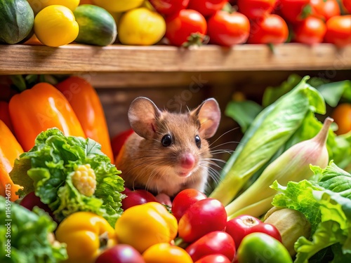 Adorable Mouse & Fresh Veggies: Close-Up Grocery Store Shelf Image