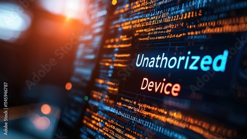Cybersecurity Breach Visualization concept. Unauthorized device alert on a digital interface with glowing text.